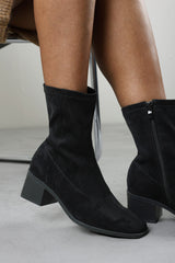 Fioren Black Faux Suede Square Low Block Heel Stretch Ankle Sock Boot
