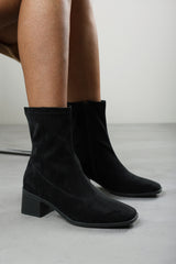 Fioren Black Faux Suede Square Low Block Heel Stretch Ankle Sock Boot