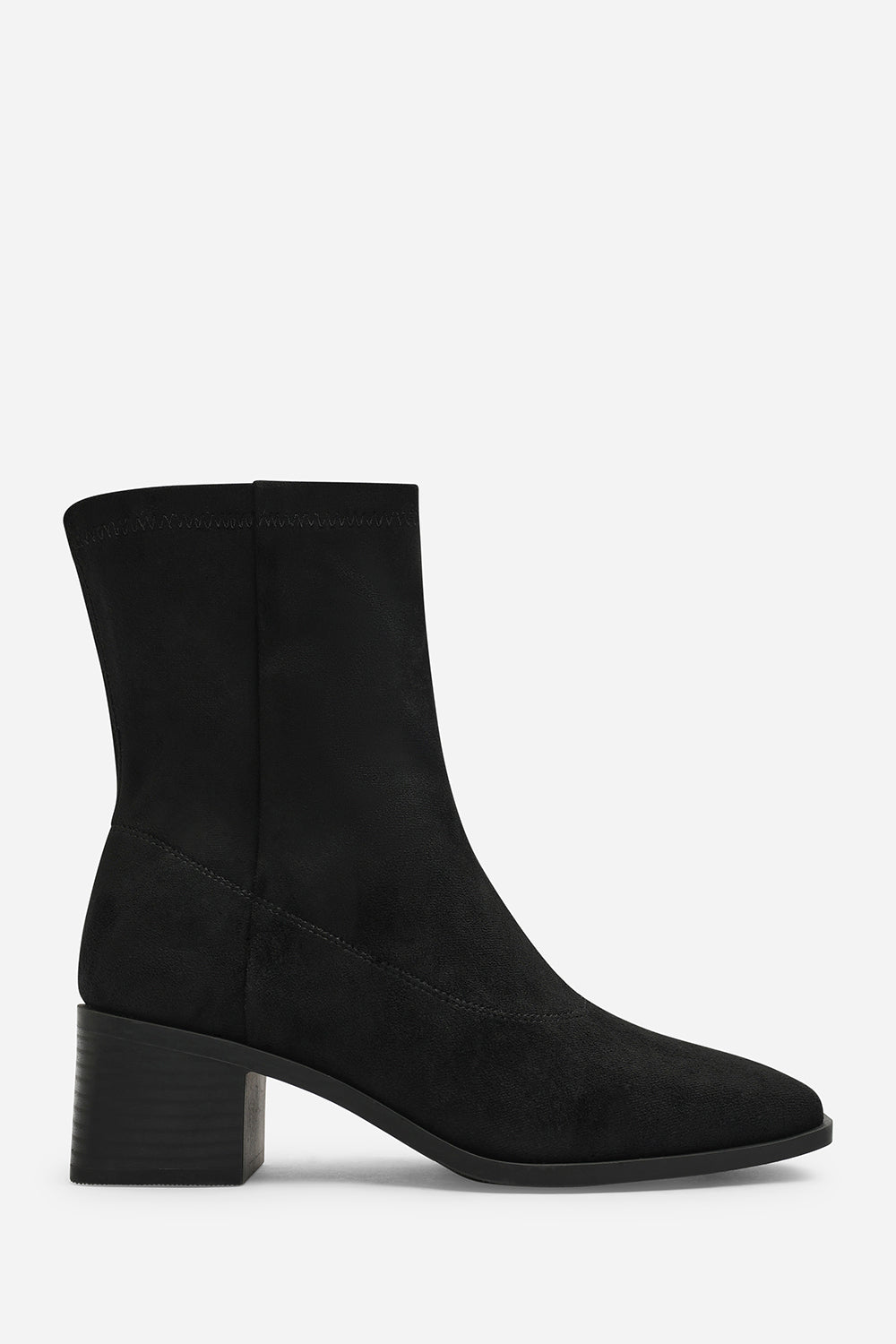 Fioren Black Faux Suede Square Low Block Heel Stretch Ankle Sock Boot