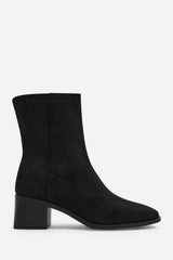 Fioren Black Faux Suede Square Low Block Heel Stretch Ankle Sock Boot