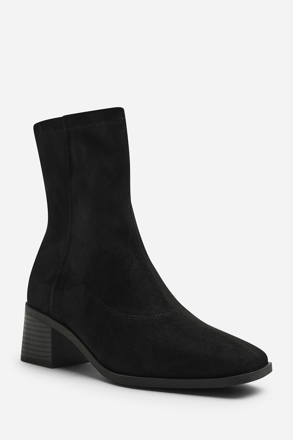 Fioren Black Faux Suede Square Low Block Heel Stretch Ankle Sock Boot