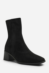 Fioren Black Faux Suede Square Low Block Heel Stretch Ankle Sock Boot