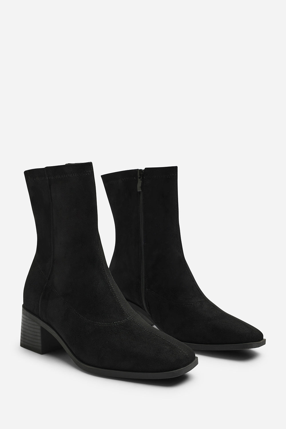 Fioren Black Faux Suede Square Low Block Heel Stretch Ankle Sock Boot