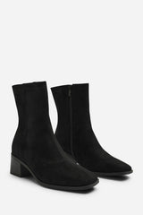 Fioren Black Faux Suede Square Low Block Heel Stretch Ankle Sock Boot