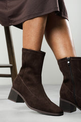 Fioren Dark Brown Faux Suede Square Low Block Heel Stretch Ankle Sock Boot