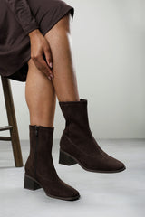 Fioren Dark Brown Faux Suede Square Low Block Heel Stretch Ankle Sock Boot