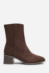 Fioren Dark Brown Faux Suede Square Low Block Heel Stretch Ankle Sock Boot