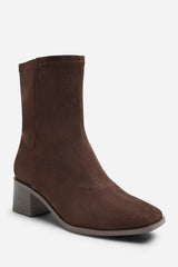 Fioren Dark Brown Faux Suede Square Low Block Heel Stretch Ankle Sock Boot