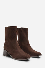Fioren Dark Brown Faux Suede Square Low Block Heel Stretch Ankle Sock Boot