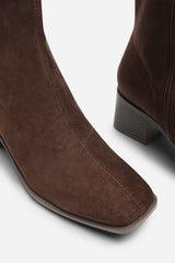 Fioren Dark Brown Faux Suede Square Low Block Heel Stretch Ankle Sock Boot