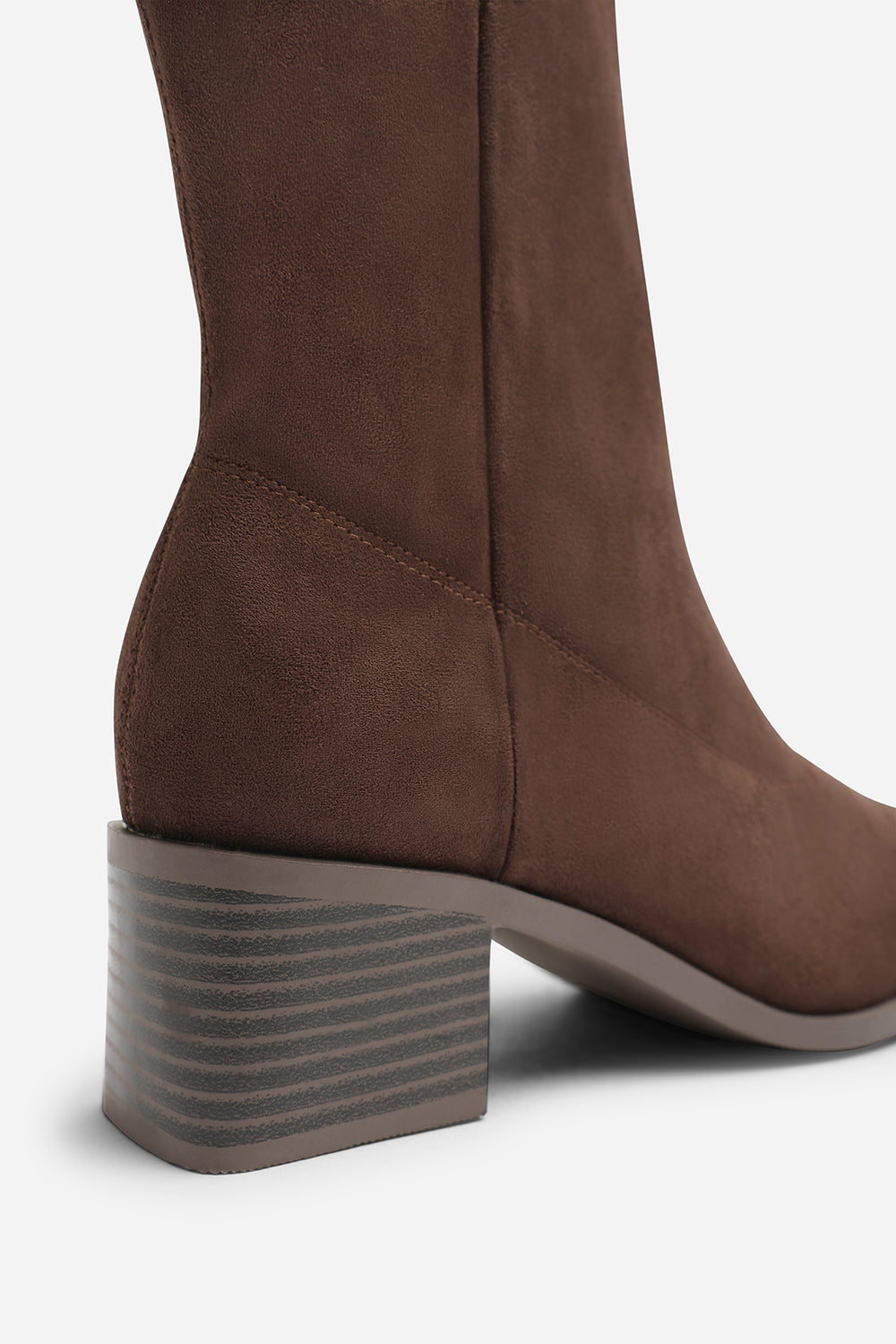 Fioren Dark Brown Faux Suede Square Low Block Heel Stretch Ankle Sock Boot