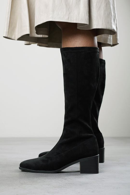 Ezzira Square Low Block Heel Stretch Knee High Boots