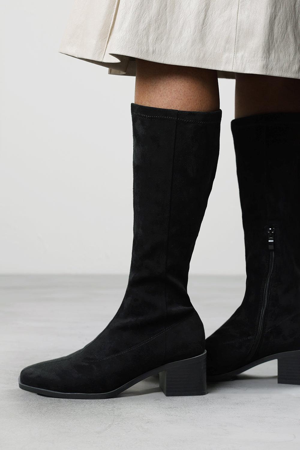 Ezzira Square Low Block Heel Stretch Knee High Boots