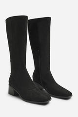 Ezzira Square Low Block Heel Stretch Knee High Boots