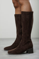 Ezzira Square Low Block Heel Stretch Knee High Boots