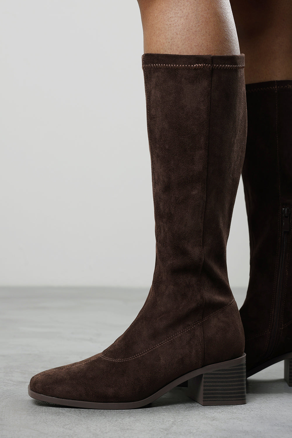 Ezzira Square Low Block Heel Stretch Knee High Boots