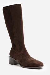 Ezzira Square Low Block Heel Stretch Knee High Boots