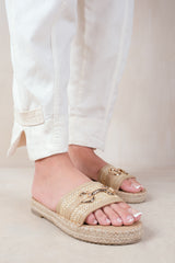 JUPITER SINGLE STRAP FLAT SANDALS WITH THREAD DESIGN AND GOLDEN DETAILING IN MOCHA