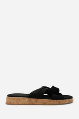 Bowite Knotted Open Toe Black Suede Low Wedge Sandal