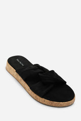 Bowite Knotted Open Toe Black Suede Low Wedge Sandal