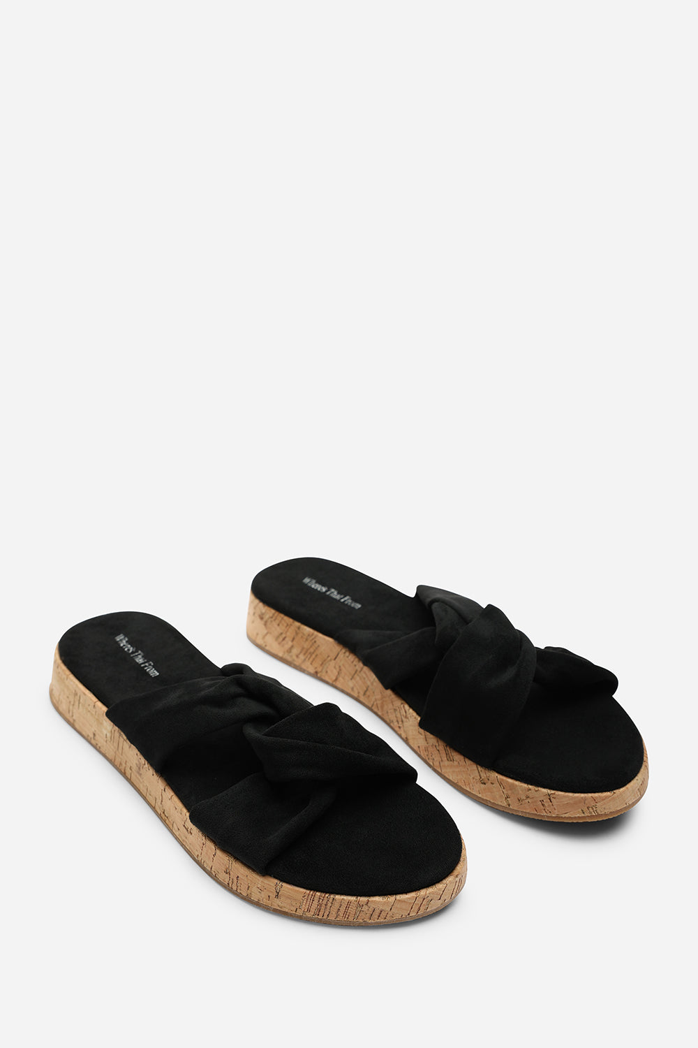 Bowite Knotted Open Toe Black Suede Low Wedge Sandal