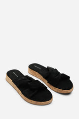 Bowite Knotted Open Toe Black Suede Low Wedge Sandal