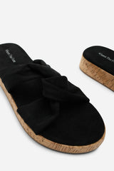 Bowite Knotted Open Toe Black Suede Low Wedge Sandal