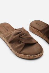 Bowtie Knotted Open Toe Camel Suede Low Wedge Sandal