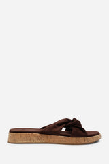 Bowite Knotted Open Toe Dark Brown Suede Low Wedge Sandal