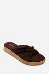 Bowite Knotted Open Toe Dark Brown Suede Low Wedge Sandal