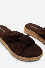 Bowite Knotted Open Toe Dark Brown Suede Low Wedge Sandal