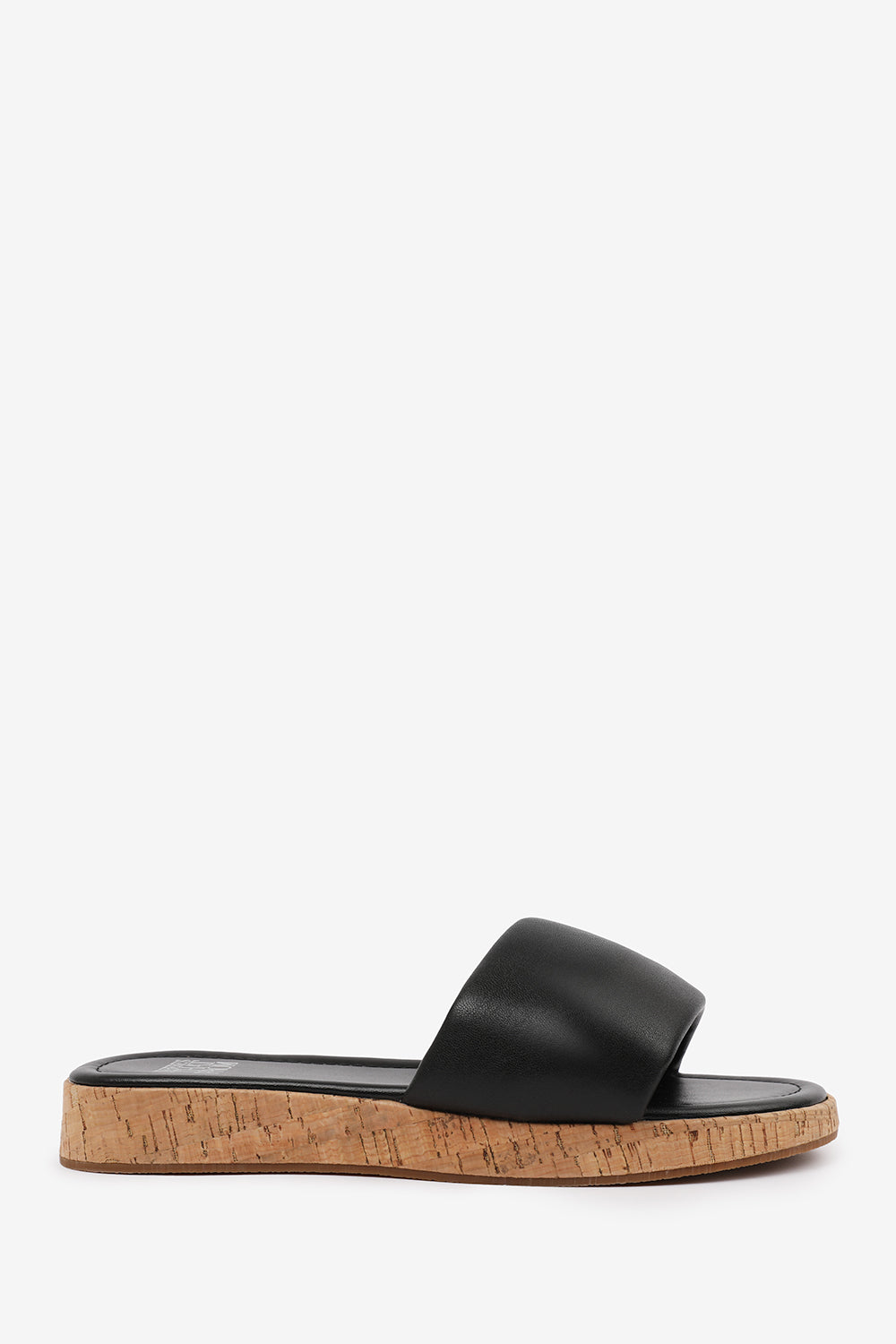 JULIA WIDE FIT FLATFORM SLIDERS SANDAL IN BLACK FAUX LEATHER
