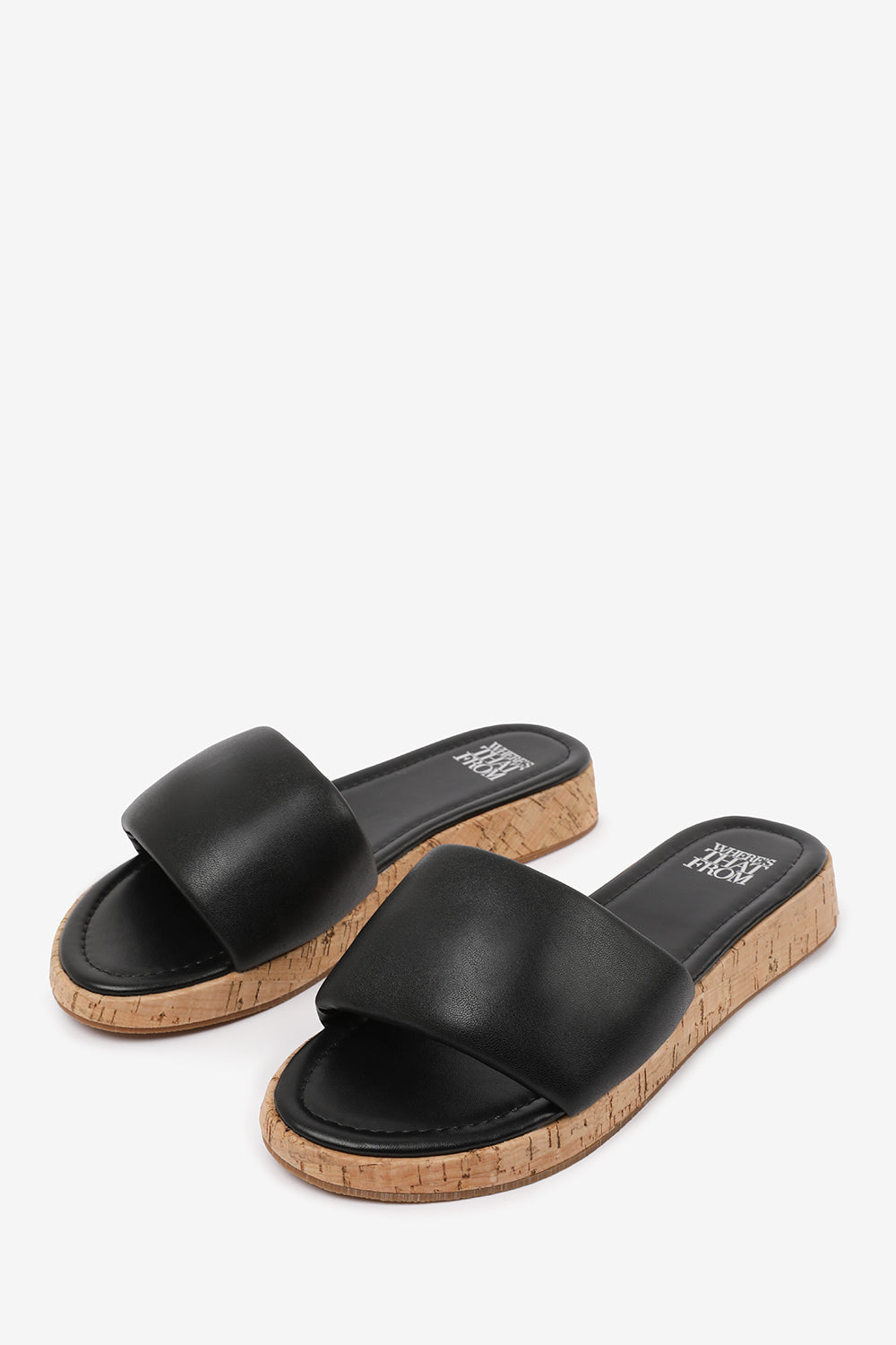 JULIA WIDE FIT FLATFORM SLIDERS SANDAL IN BLACK FAUX LEATHER