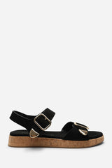 Iridia Double Buckle Black Suede Low Wedge Sandal
