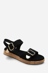 Iridia Double Buckle Black Suede Low Wedge Sandal