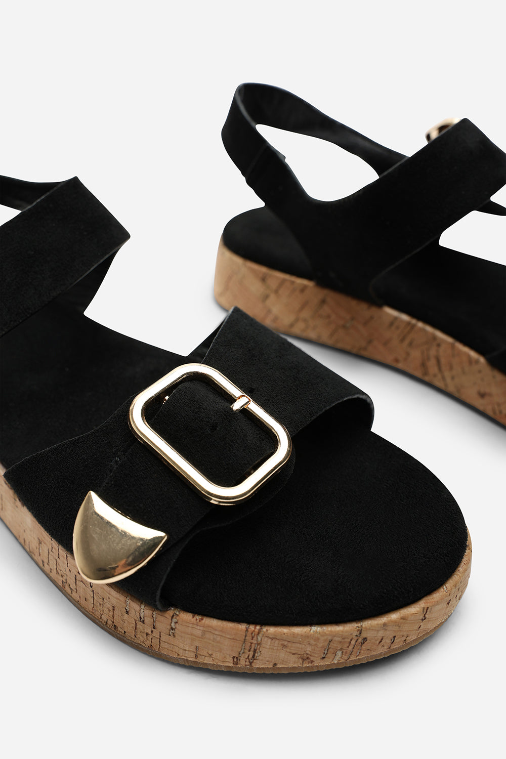 Iridia Double Buckle Black Suede Low Wedge Sandal