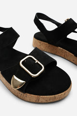 Iridia Double Buckle Black Suede Low Wedge Sandal