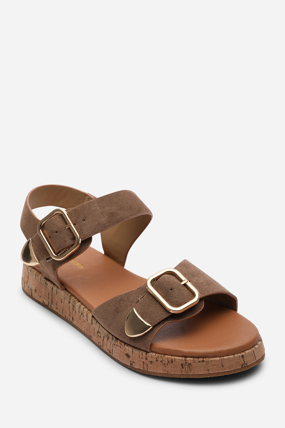 Iridia Double Buckle Camel Suede Low Wedge Sandal