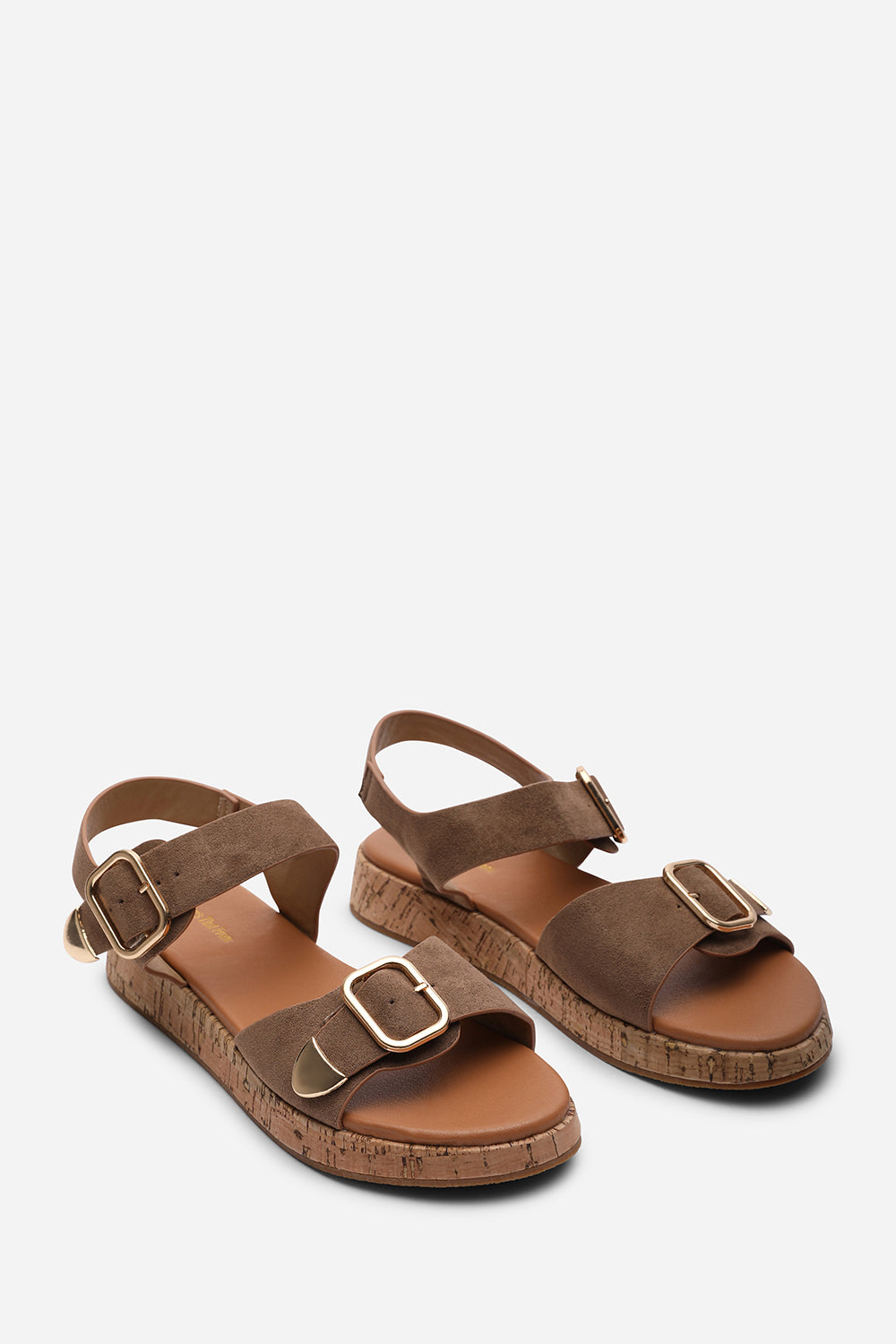 Iridia Double Buckle Camel Suede Low Wedge Sandal