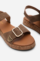 Iridia Double Buckle Camel Suede Low Wedge Sandal