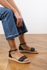 Brooklyn Black Faux Leather Handwoven Flatform Espadrille Sandal