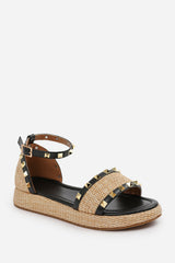 Varena Wide Fit Raffia Studded Gladiator Flatform Sandals With Black PU Trim