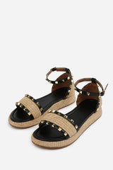 Varena Wide Fit Raffia Studded Gladiator Flatform Sandals With Black PU Trim