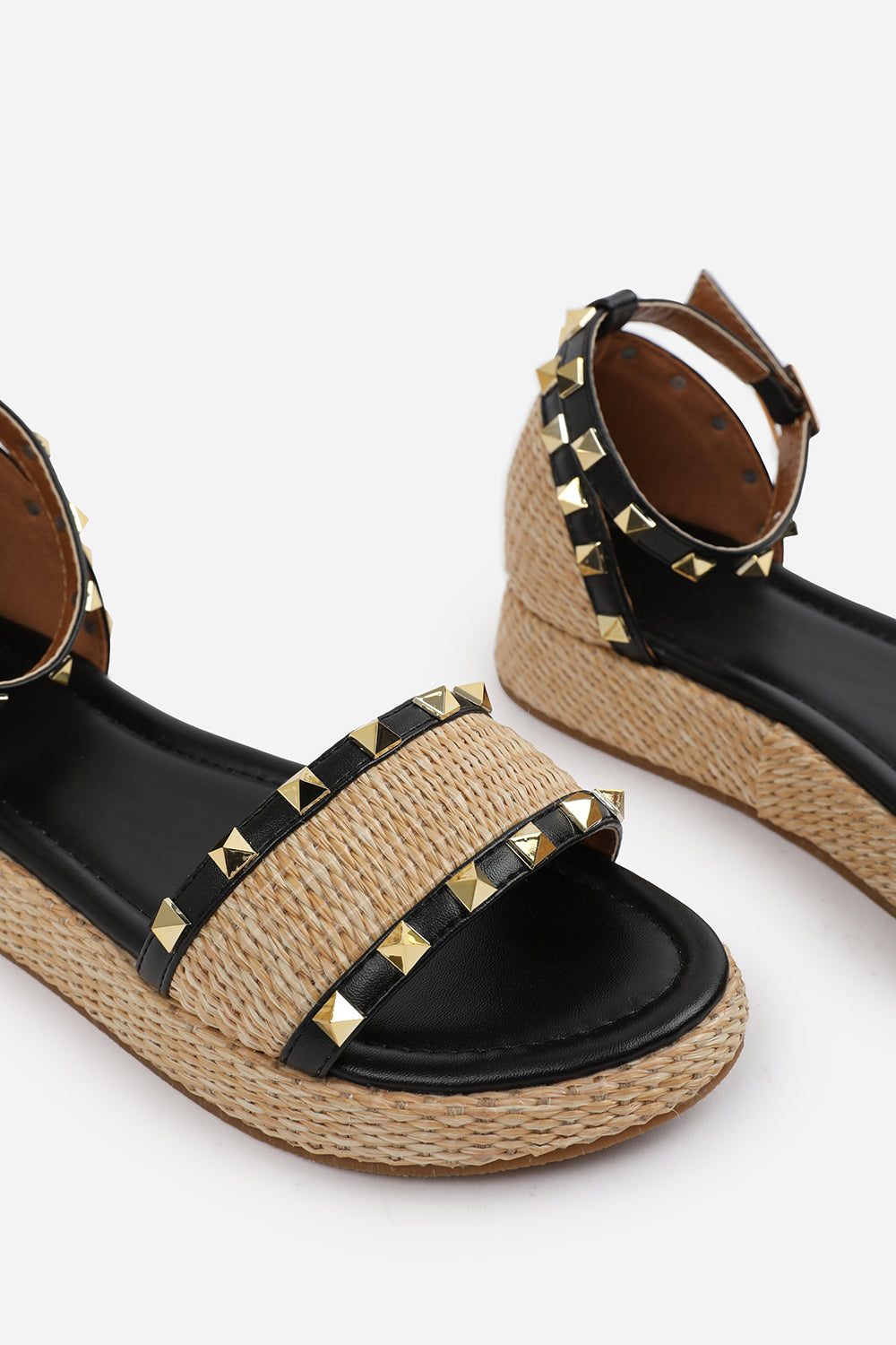 Varena Raffia Studded Gladiator Flatform Sandals With Black PU Trim