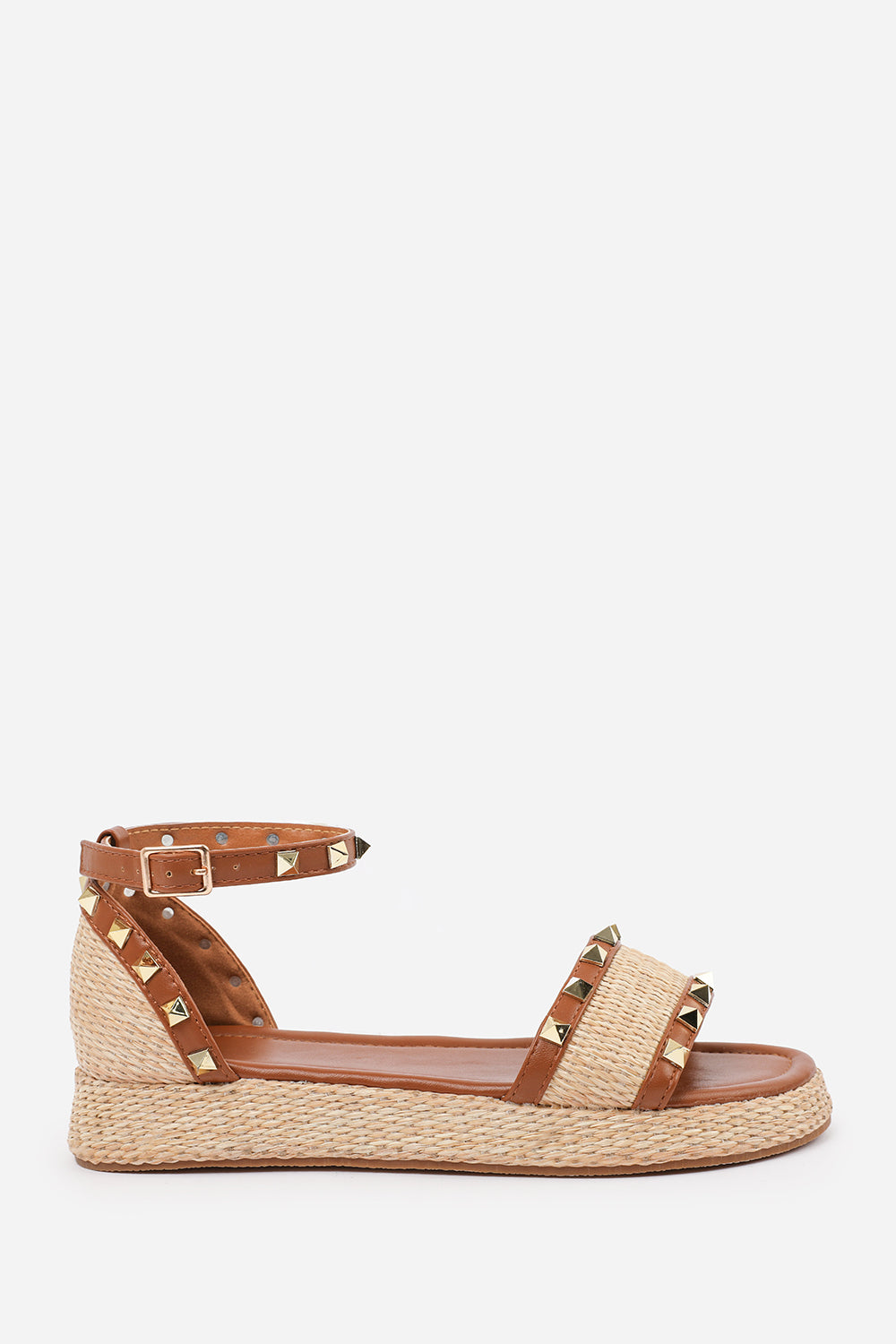 Varena Wide Fit Raffia Studded Gladiator Flatform Sandals With Tan PU Trim
