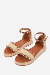 Varena Wide Fit Raffia Studded Gladiator Flatform Sandals With Tan PU Trim