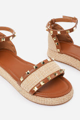 Varena Wide Fit Raffia Studded Gladiator Flatform Sandals With Tan PU Trim