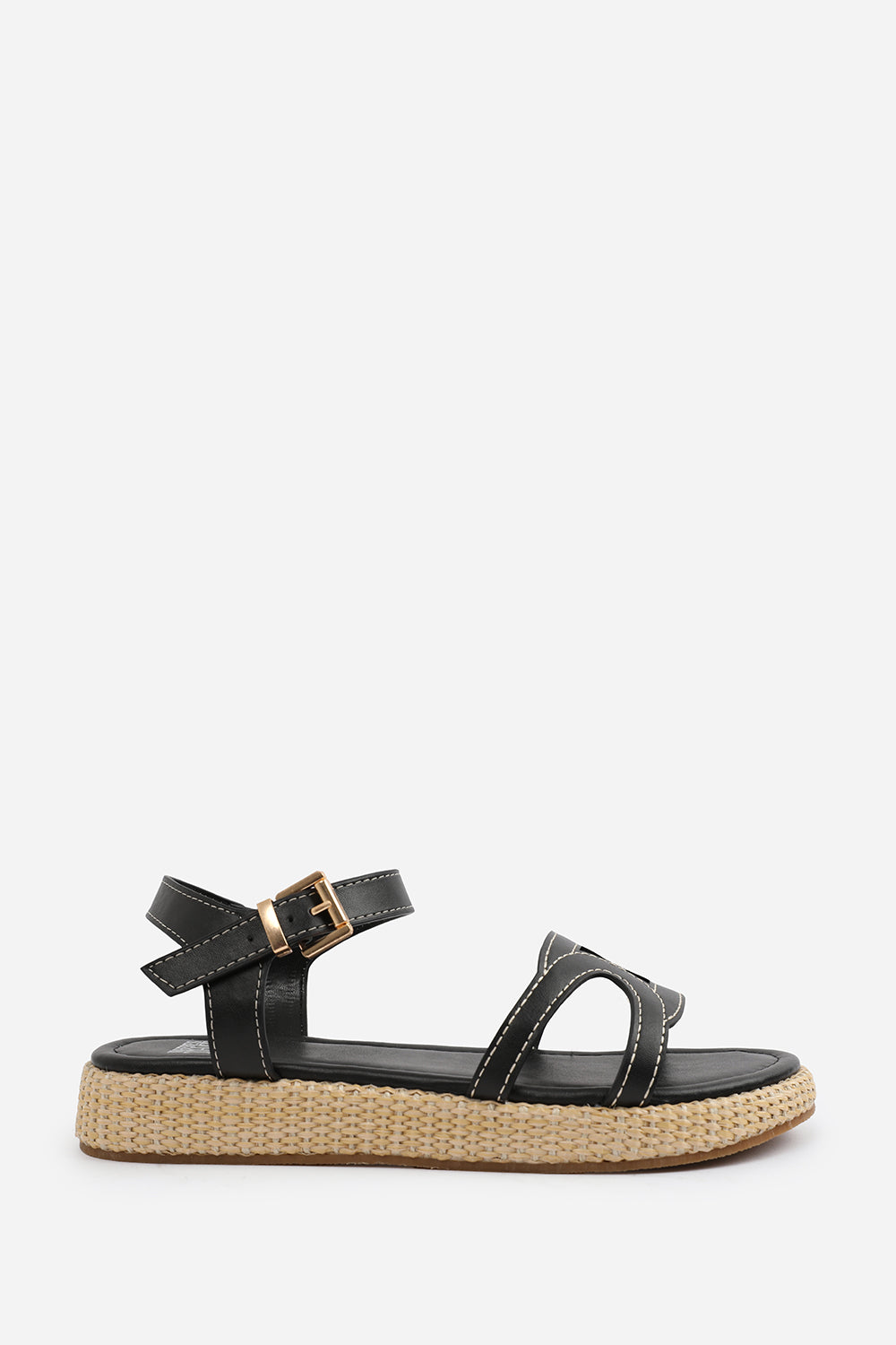 SOFIA WIDE FIT FLATFORM SANDAL WITH STYLISH CUT STRAP DETAIL IN BLACK FAUX LEATHER