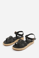 SOFIA WIDE FIT FLATFORM SANDAL WITH STYLISH CUT STRAP DETAIL IN BLACK FAUX LEATHER