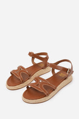 SOFIA FLATFORM SANDAL WITH STYLISH CUT STRAP DETAIL IN TAN FAUX LEATHER